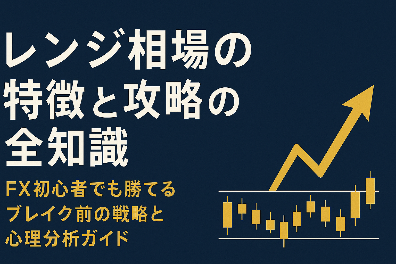 レンジ相場の特徴と攻略をテーマにしたFX初心者向けアイキャッチ画像。ネイビー背景に金色のローソク足とブレイクアウト矢印、そして「レンジ相場の特徴と攻略の全知識」という日本語タイトルが配置されている。