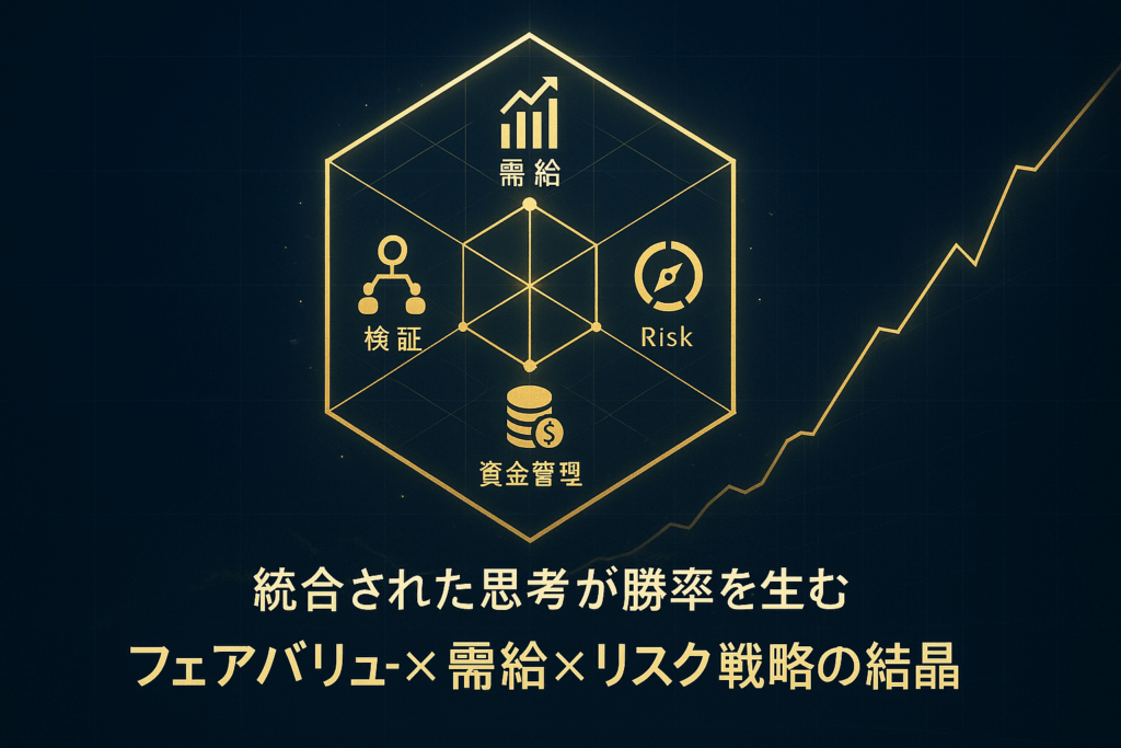 黄金の六角形構造体と群青のデジタルグリッド背景に、理論・需給・リスク・検証・資金管理を象徴する光のラインが交差するFX戦略アイキャッチ。 「統合された思考が勝率を生む」というテキスト入り。