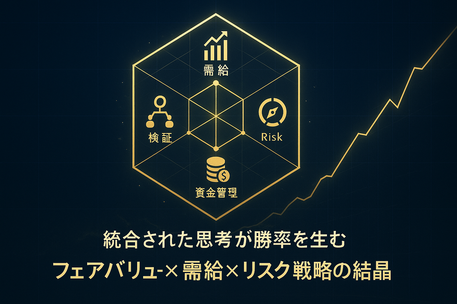 黄金の六角形構造体と群青のデジタルグリッド背景に、理論・需給・リスク・検証・資金管理を象徴する光のラインが交差するFX戦略アイキャッチ。 「統合された思考が勝率を生む」というテキスト入り。