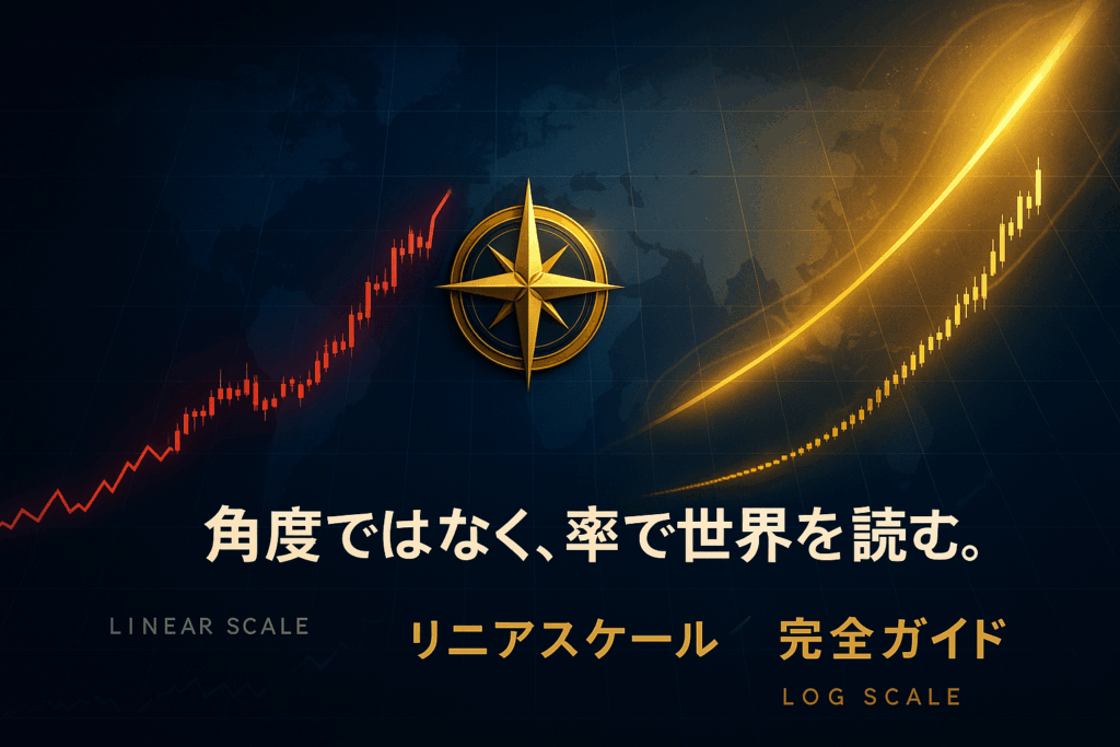 ネイビー背景に、左が赤い急角度のリニアスケール、右が黄金の滑らかなログスケールを描いたチャート。中央に黄金のコンパスが浮かび、未来方向を指す構図。
