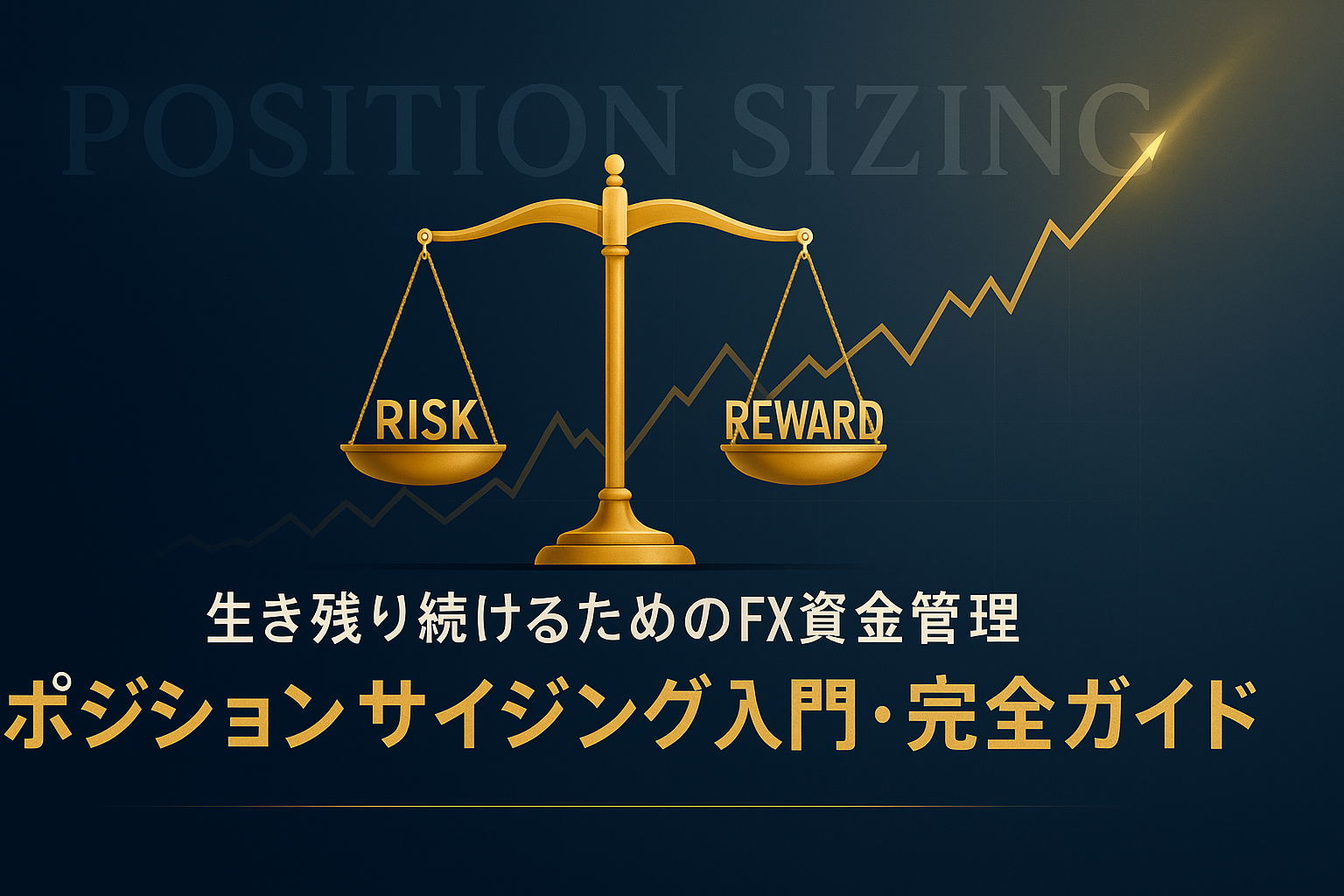 FXにおけるポジションサイジングを象徴するアイキャッチ画像。 黄金の天秤と上昇チャートが「リスクとリターンの均衡」を表現し、 資金を守りながら成長するトレード哲学をビジュアル化。