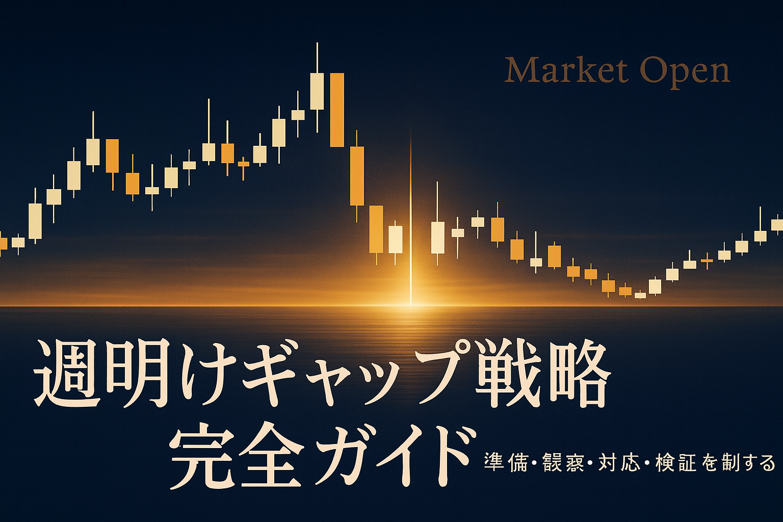 夜明けの金色の光がチャート上のローソク足のギャップをつなぐFXトレードの象徴的ビジュアル。ネイビーとゴールドを基調に、週明けの相場再開を表す高級感ある横長デザイン。