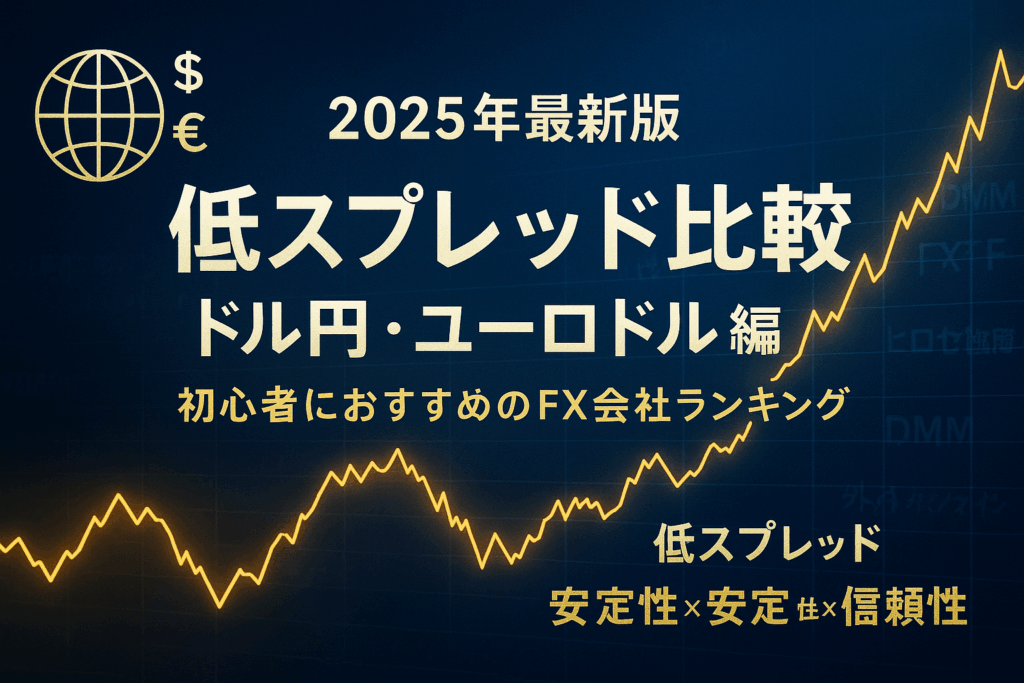 ドル円とユーロドルのチャートラインが黄金色に交差するFXスプレッド比較のアイキャッチ画像。 ネイビーとゴールドを基調に「低スプレッド比較|ドル円・ユーロドル編」と「初心者におすすめのFX会社ランキング」の文字が配置された高級感あるデザイン。