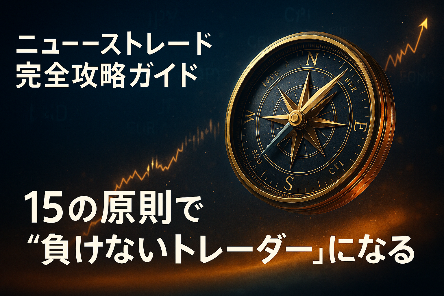 黄金の羅針盤が輝くネイビー背景に上昇チャートラインが走るニューストレード完全攻略ガイドのアイキャッチ画像。 FXの方向性と成功哲学を象徴するデザイン。