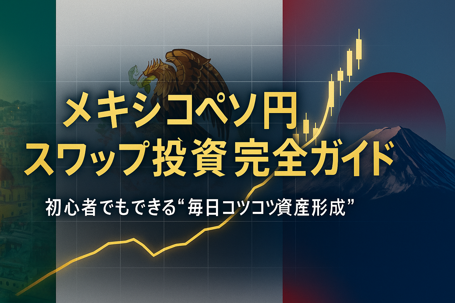 メキシコ国旗カラーを基調にした背景に、ゴールドの上昇チャートラインとローソク足が輝くデザイン。左側にメキシコの街並み（グアナファト・カンクン）、右側に富士山を配置し、日本との金融関係を象徴。中央には「メキシコペソ円 スワップ投資完全ガイド」「初心者でもできる“毎日コツコツ資産形成”」のテキストが入った横長アイキャッチ画像。