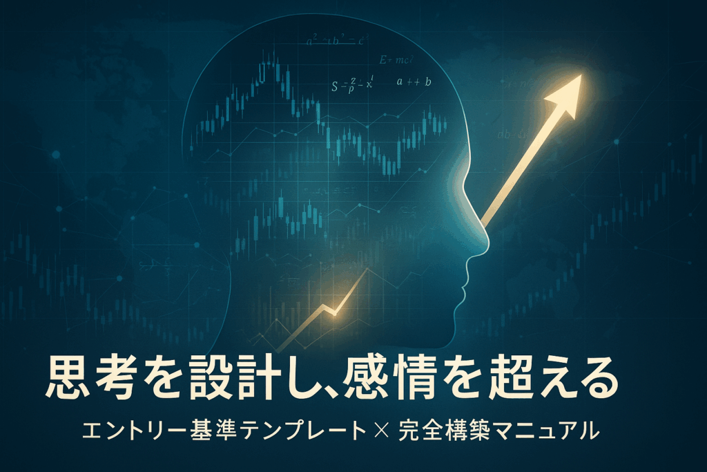 青と金の光が脳内から広がる人のシルエットとチャートが重なるデジタルアート。トレーダーの思考設計とデータ分析を象徴する未来的なビジュアル。