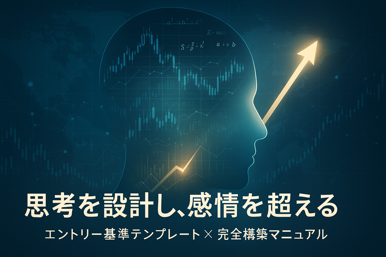青と金の光が脳内から広がる人のシルエットとチャートが重なるデジタルアート。トレーダーの思考設計とデータ分析を象徴する未来的なビジュアル。