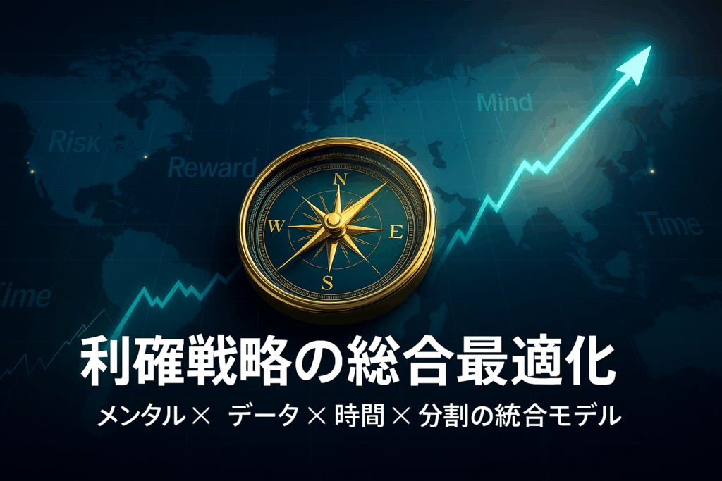 世界地図を背景に、東京・ロンドン・ニューヨークの位置が光点で示され、 中央に黄金のコンパスが配置されて上昇チャートラインを指している。 背景に「Risk」「Reward」「Data」「Mind」「Time」の文字が淡く浮かび、 利確戦略の統合と未来志向を象徴するデザイン。