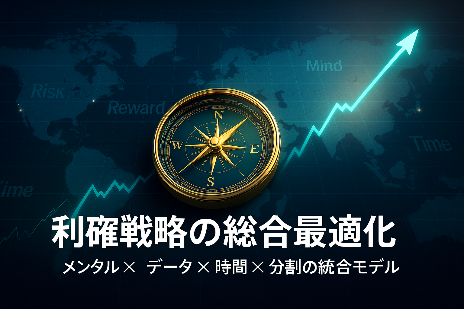 世界地図を背景に、東京・ロンドン・ニューヨークの位置が光点で示され、 中央に黄金のコンパスが配置されて上昇チャートラインを指している。 背景に「Risk」「Reward」「Data」「Mind」「Time」の文字が淡く浮かび、 利確戦略の統合と未来志向を象徴するデザイン。