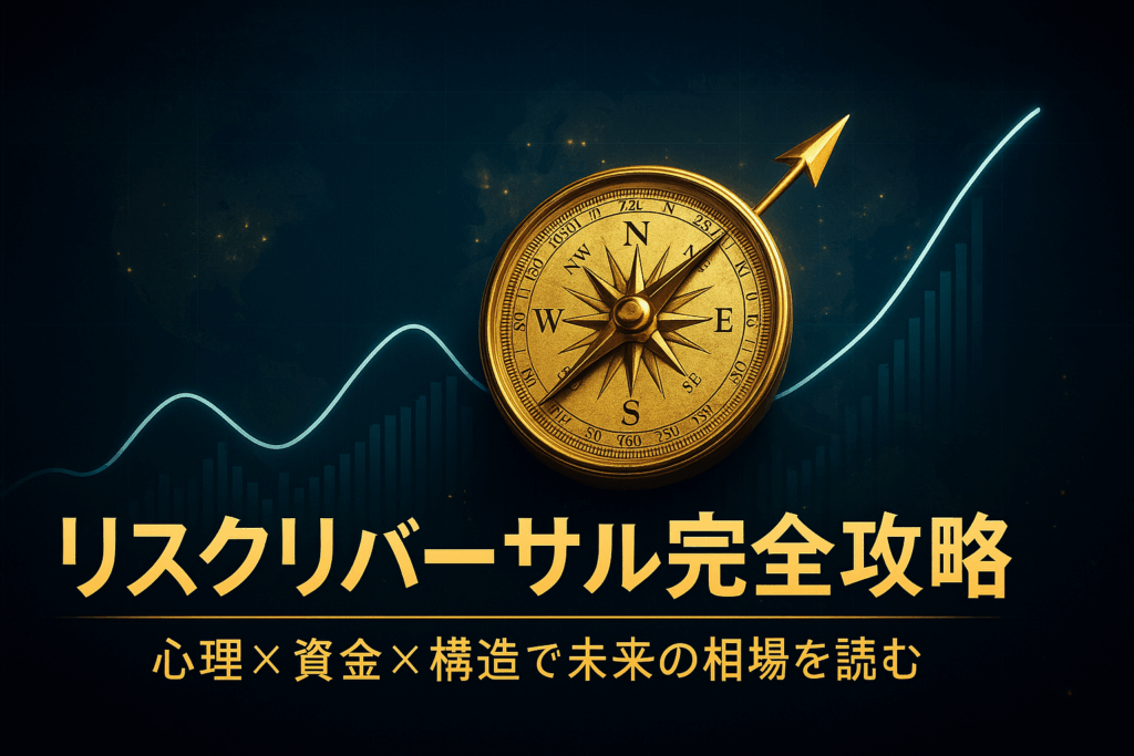 ネイビー背景に黄金の羅針盤が右上を指す構図。背後に世界地図と心理波形チャートが重なり、リスクリバーサルによる市場心理分析と未来志向の戦略を象徴する。