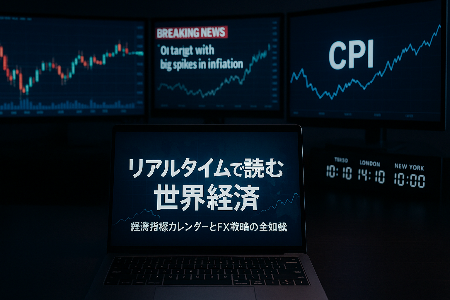 経済指標カレンダー・雇用統計・CPI・GDPなどのデータを多画面で分析するFXトレーダーデスクのイメージ。 世界地図・チャート・金利グラフが重なり、経済ニュースの臨場感を再現した構図。