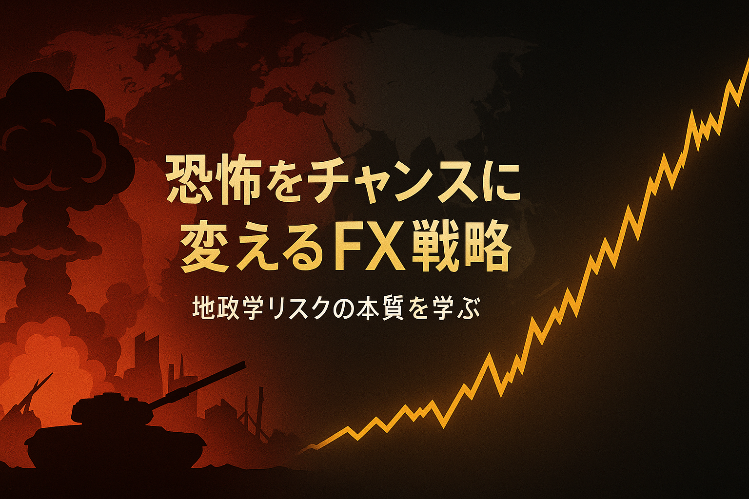 地政学的緊張を象徴する煙と戦火のシルエット、右側には希望を示す金色のチャートラインが上昇する構図。 恐怖と回復のコントラストで、地政学リスクとFX市場の関係を表現したビジュアル。
