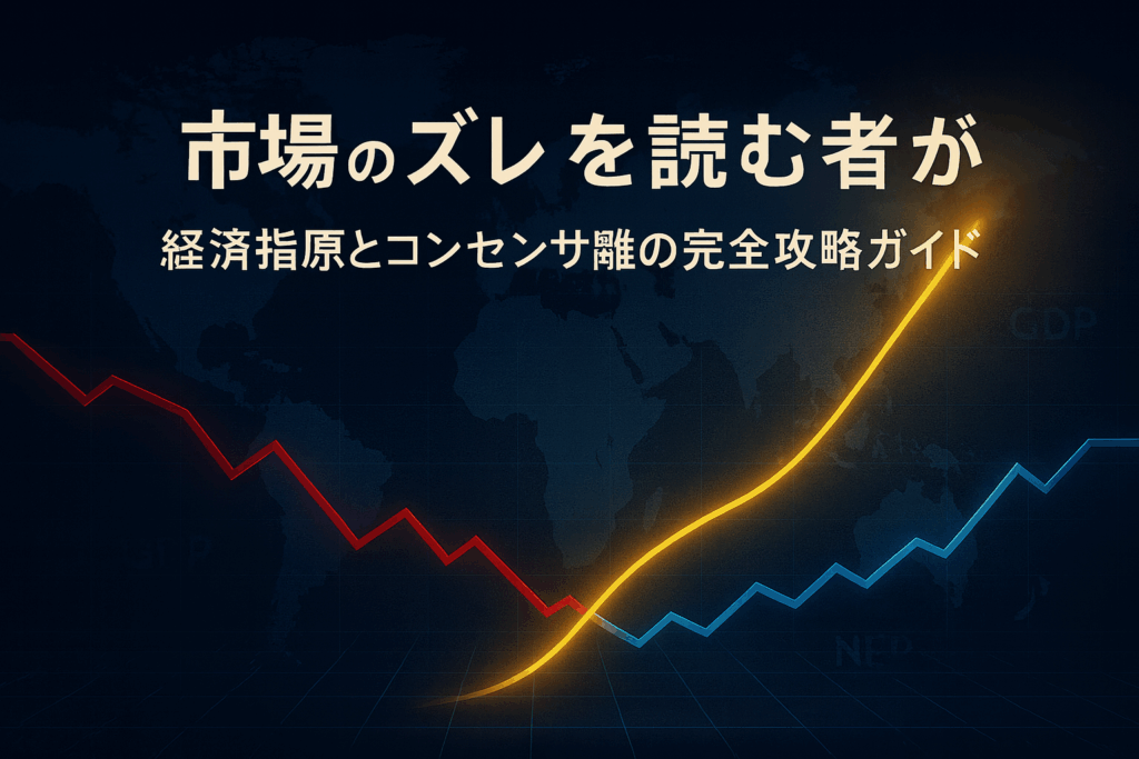 ネイビー基調の世界地図を背景に、赤と青のチャートラインが交差し、右上に向かって黄金のラインが輝く構図。経済指標とコンセンサスの乖離を象徴するFX戦略ビジュアル。