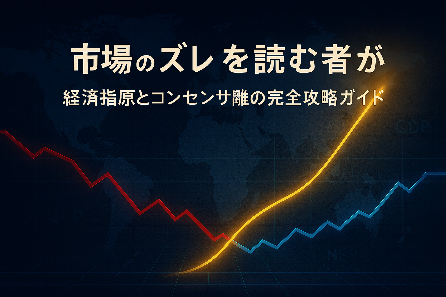 ネイビー基調の世界地図を背景に、赤と青のチャートラインが交差し、右上に向かって黄金のラインが輝く構図。経済指標とコンセンサスの乖離を象徴するFX戦略ビジュアル。