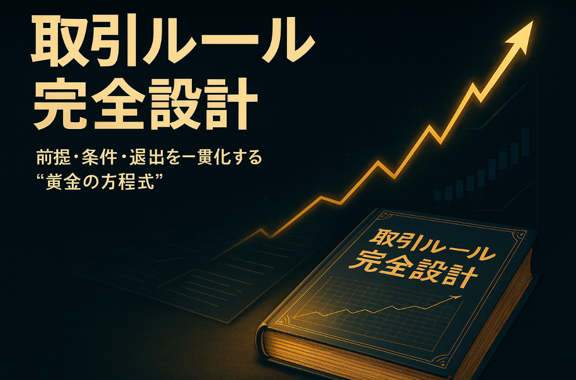 黒を基調にした背景に、右上へ伸びる黄金の上昇チャートラインと「取引ルール完全設計」と刻まれた書物が配置されたビジュアル。 ネイビー×ゴールドの高級感ある配色で、取引ルールの体系化・戦略・秩序・知性を象徴する。