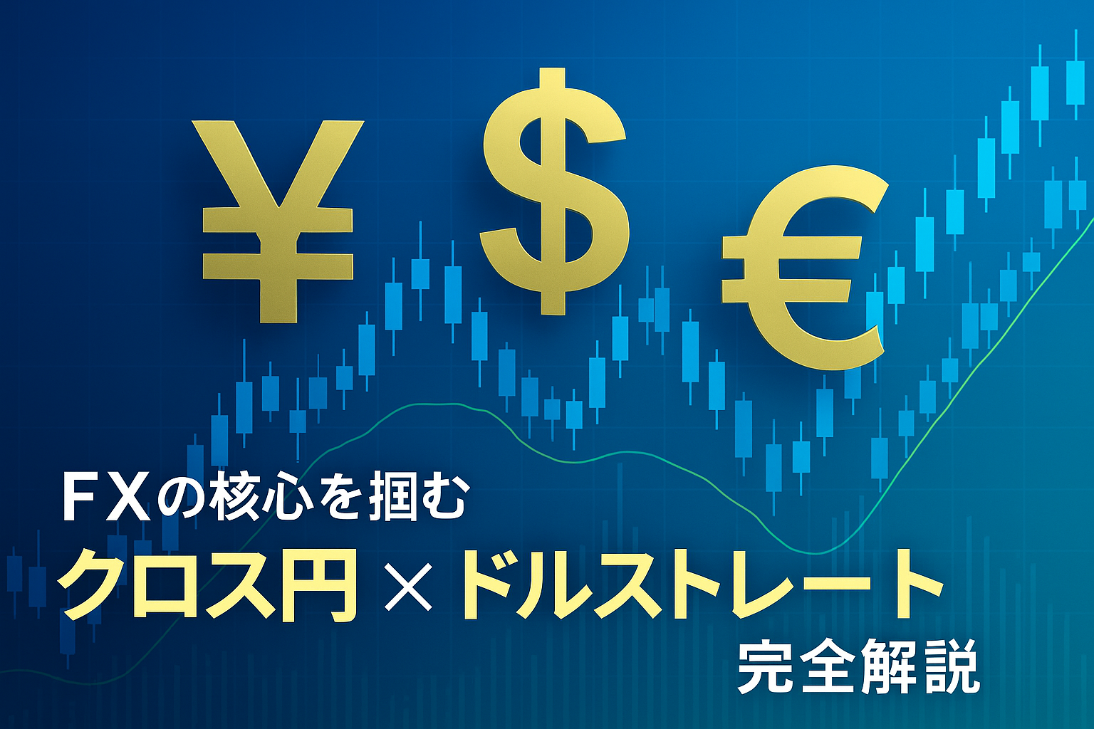 青系グラデーションの背景にローソク足チャートと¥・$・€の通貨記号を重ねたFXアイキャッチ画像。左下に「FXの核心を掴む」「クロス円 × ドルストレート完全解説」と配置。