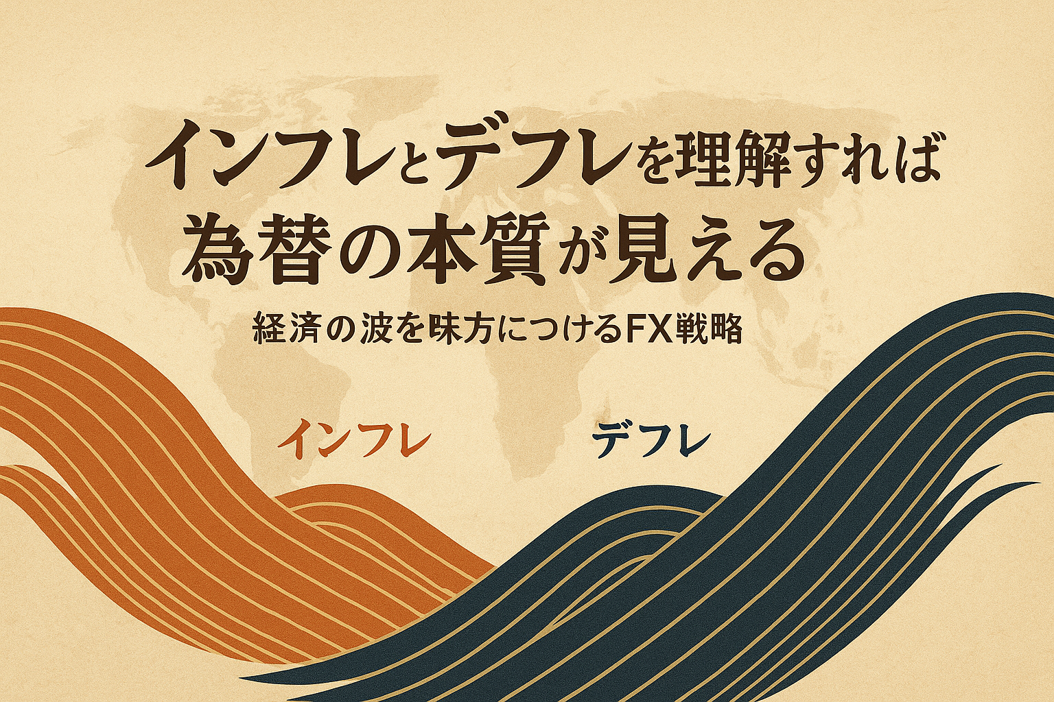 和紙風の背景に、浮世絵調の赤と藍の波が交差し、中央に筆文字風フォントで「インフレとデフレを理解すれば為替の本質が見える」と描かれた和風デザインのアイキャッチ画像。