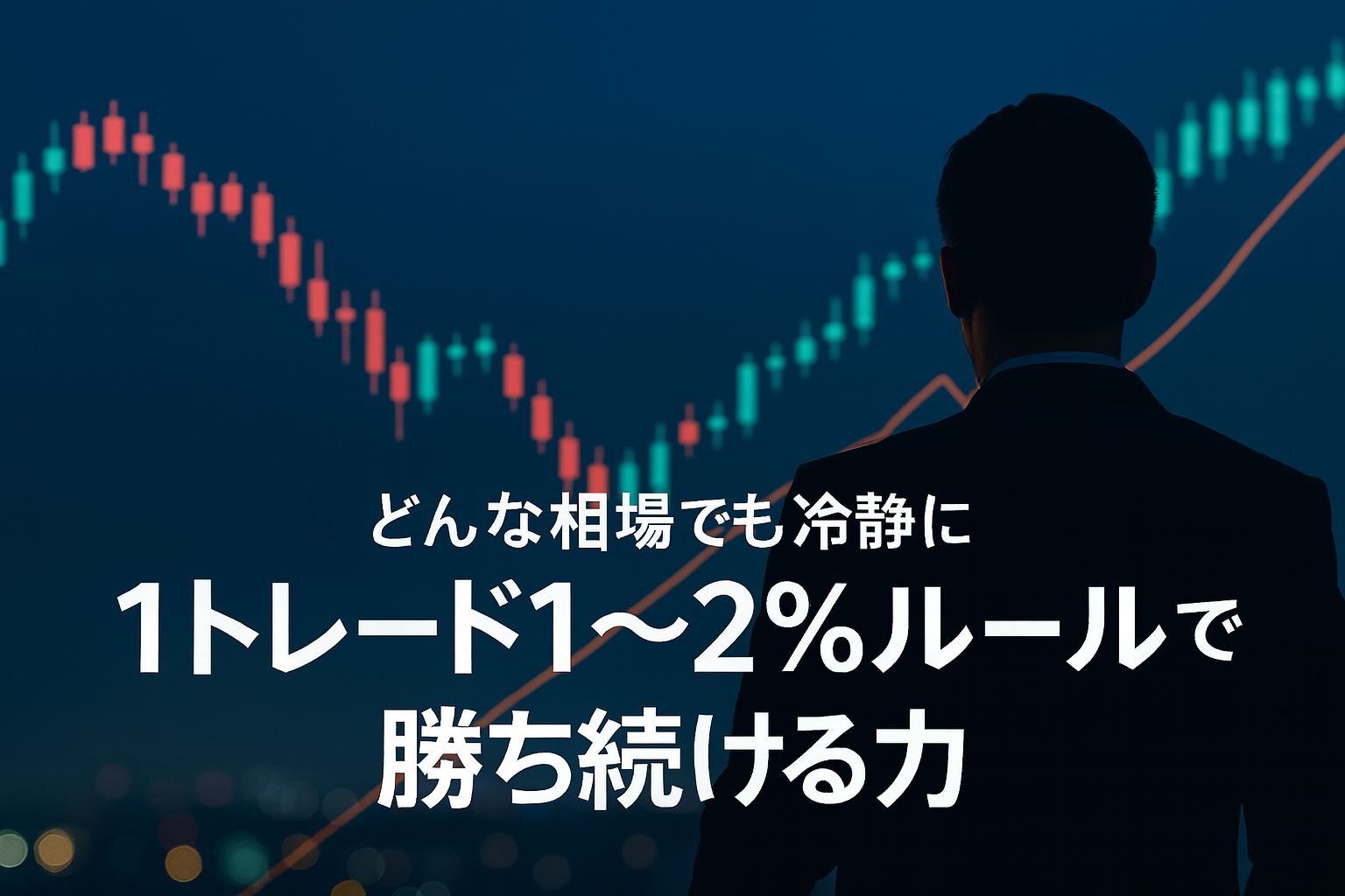 FXのリスク管理を象徴する上昇チャートとネイビー背景。1トレード1〜2％ルールで資金を守るイメージ。