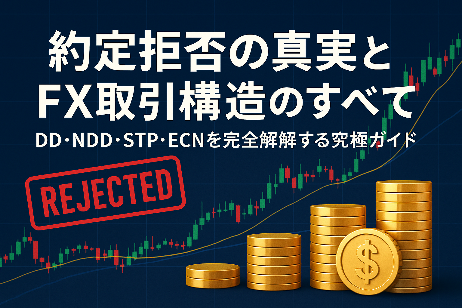 ネイビーとゴールド基調の世界地図上に、東京・ロンドン・ニューヨークを結ぶ光のネットワークが輝き、中央に「約定拒否の真実と取引構造のすべて」という文字が浮かぶ。FX取引の透明性と未来を象徴する高級感あるビジュアル。