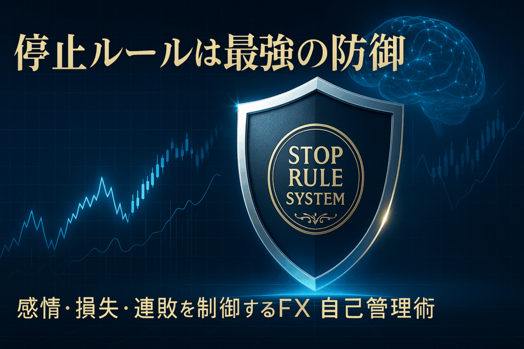 透明な盾に「STOP RULE SYSTEM」と刻まれた紋章を中心に、青いデジタルグリッドと上昇チャートラインが広がる。 右奥に光る脳のシルエットが感情制御を象徴し、停止ルールの重要性を視覚化している。