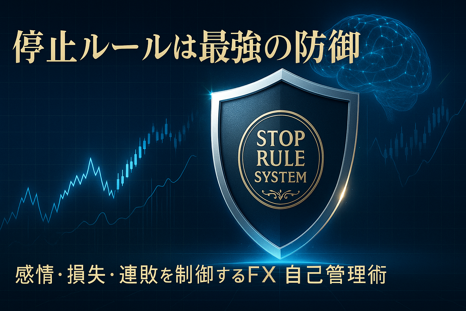 透明な盾に「STOP RULE SYSTEM」と刻まれた紋章を中心に、青いデジタルグリッドと上昇チャートラインが広がる。 右奥に光る脳のシルエットが感情制御を象徴し、停止ルールの重要性を視覚化している。