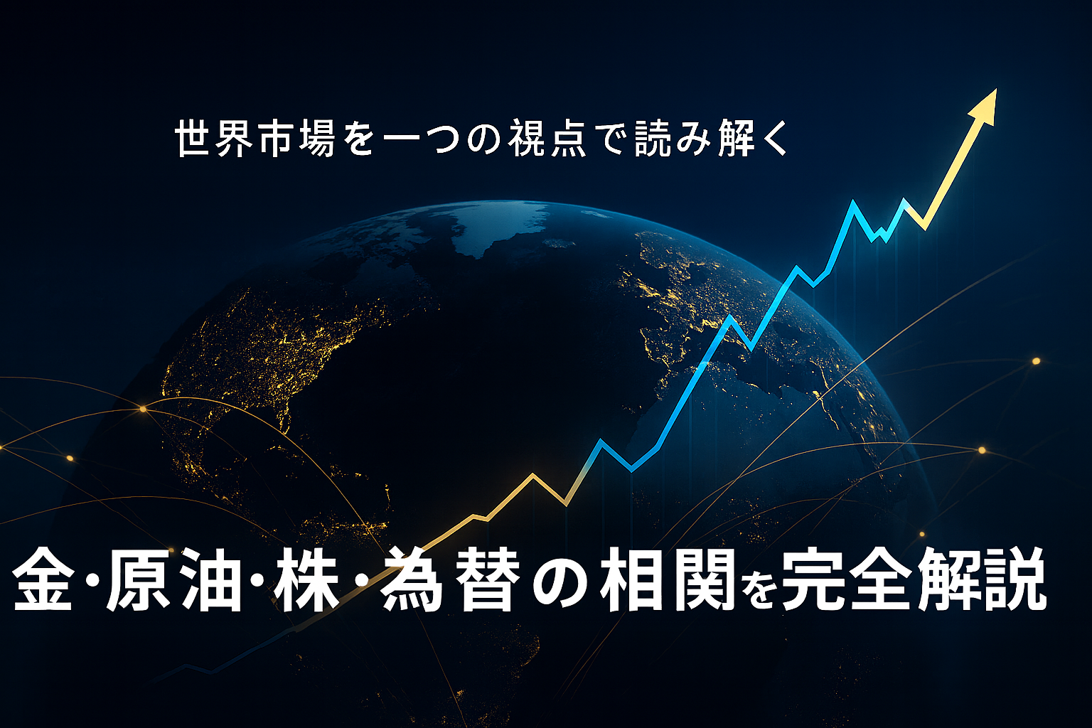 夜の地球を俯瞰したデジタルアート。 東京・ニューヨーク・ロンドンが光点として輝き、ゴールドとエメラルドの光のラインで結ばれている。 上空には淡い上昇チャートラインが重なり、「金・原油・株・為替の相関を完全解説」という文字が中央下部に配置。 高級感・信頼感・未来志向を表現した金融ビジュアル。