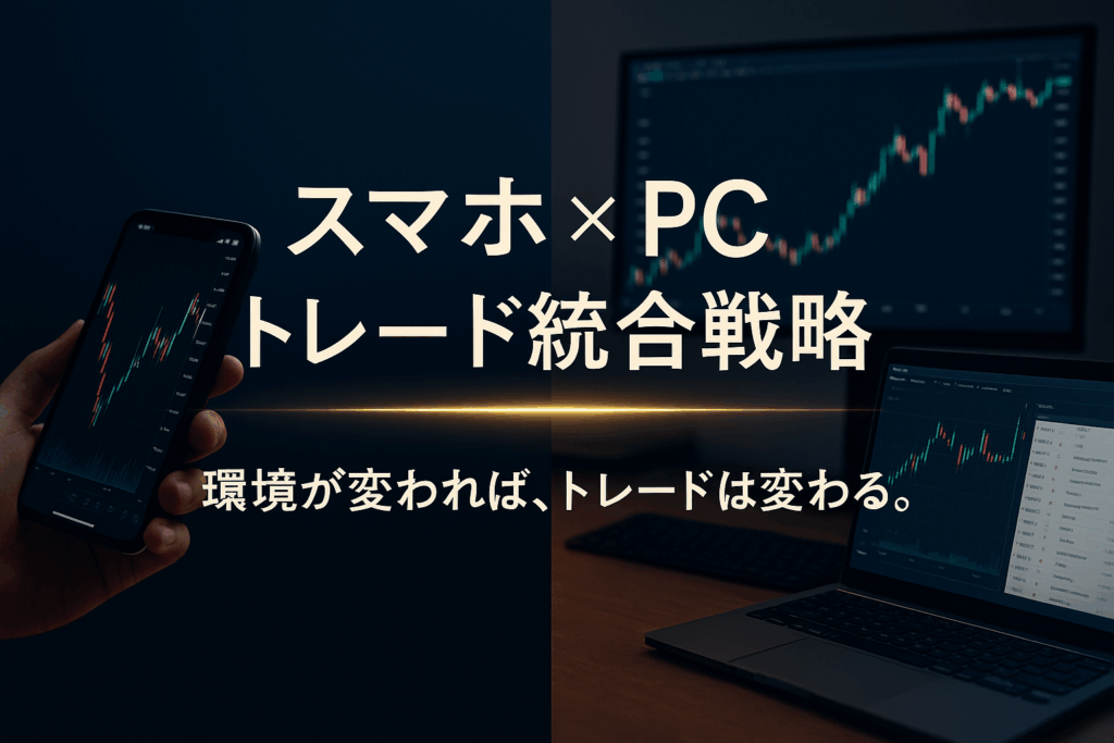 スマホでチャートを操作する手元と、PCモニターに表示された為替チャートが並ぶ構図。中央の光のラインがスマホとPCをつなぎ、統合されたトレード環境を象徴。