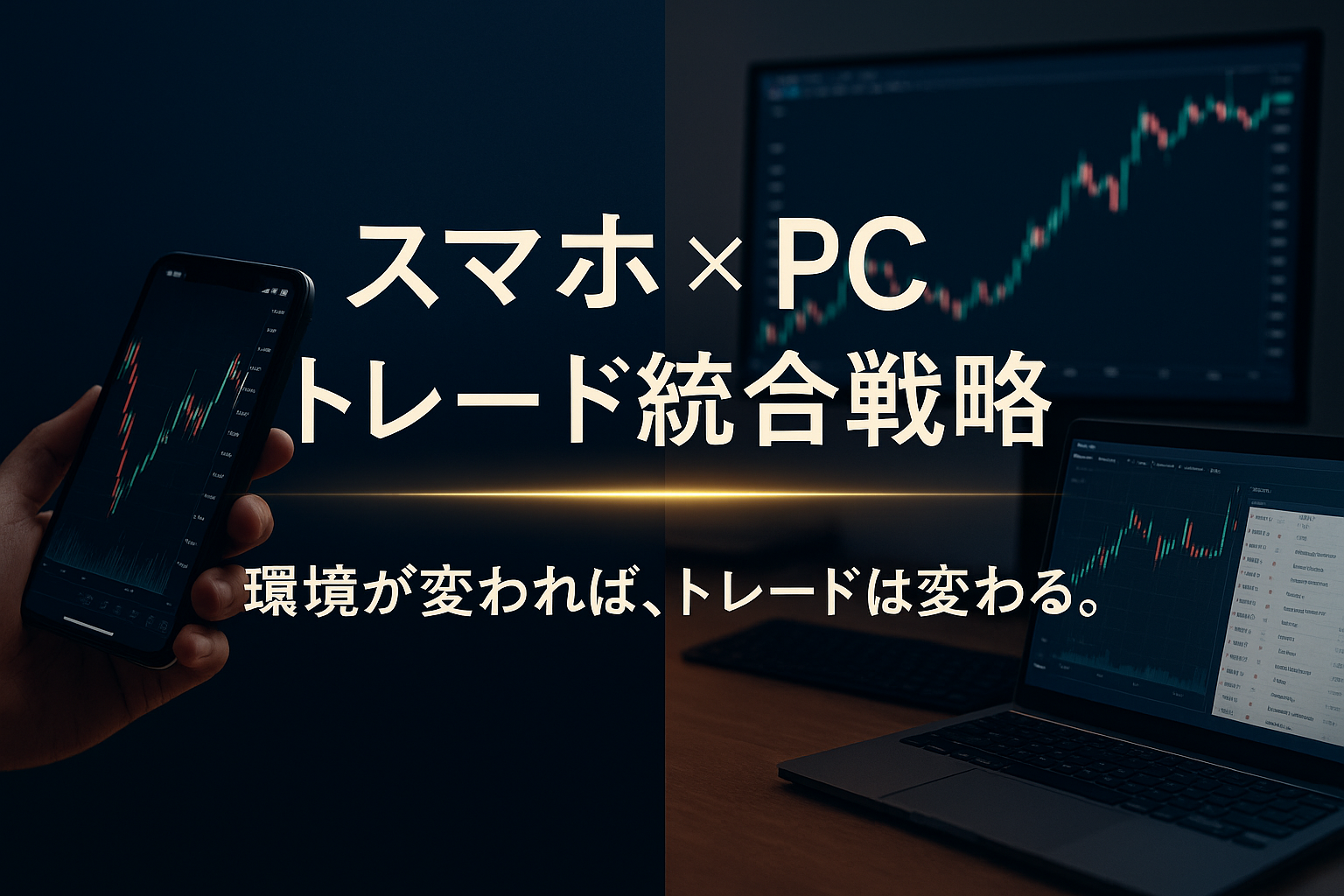 スマホでチャートを操作する手元と、PCモニターに表示された為替チャートが並ぶ構図。中央の光のラインがスマホとPCをつなぎ、統合されたトレード環境を象徴。