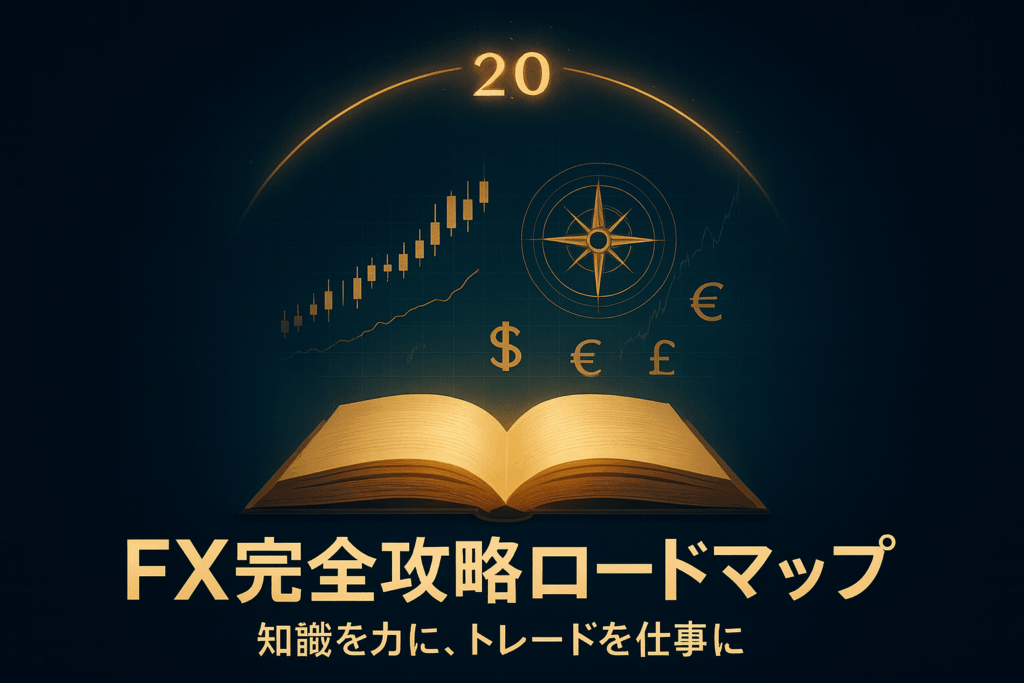 FX完全攻略ロードマップを象徴するアイキャッチ。 黄金の書物が光を放ち、上部にチャート・通貨記号・羅針盤が浮かび上がる構図。 20章の学びを経て“知識を力に変える”というテーマを表現。