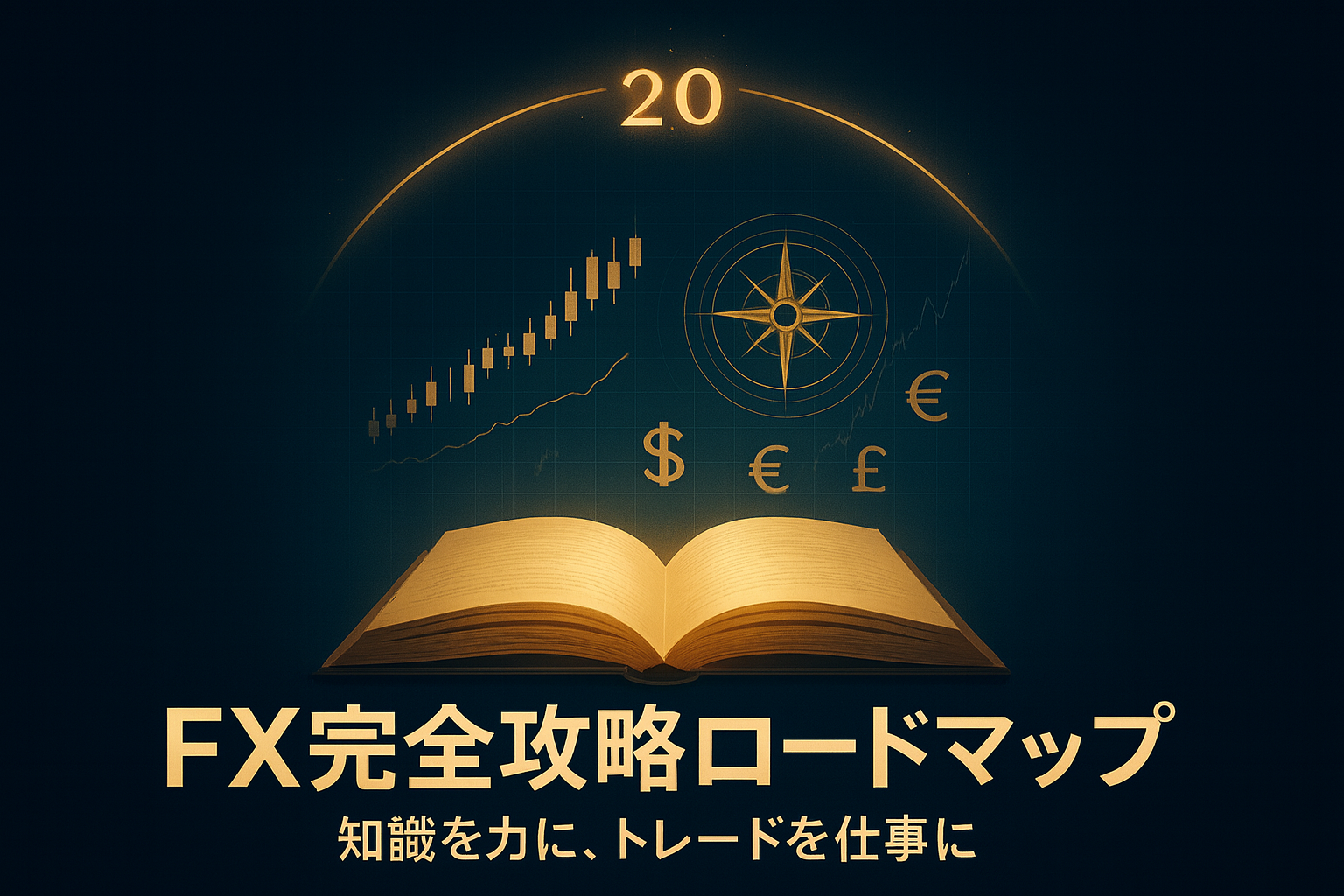 FX完全攻略ロードマップを象徴するアイキャッチ。 黄金の書物が光を放ち、上部にチャート・通貨記号・羅針盤が浮かび上がる構図。 20章の学びを経て“知識を力に変える”というテーマを表現。
