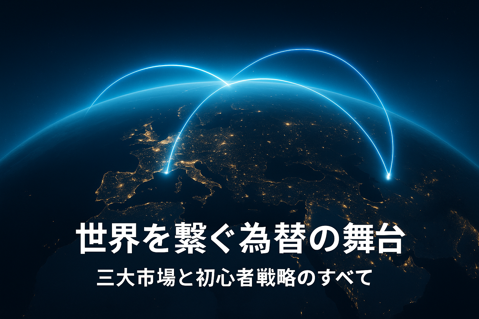 夜の地球を背景に、光のラインで東京・ロンドン・ニューヨークを結ぶ為替市場のイメージ。FX初心者向けに世界三大市場の戦略を示すビジュアル。