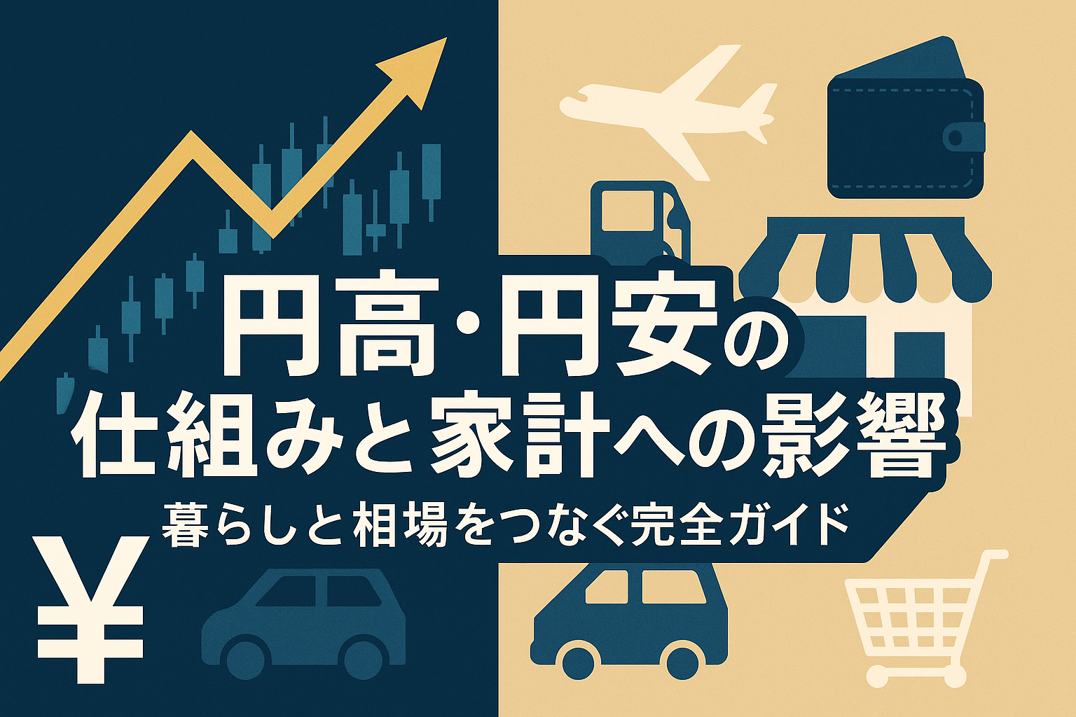 円高・円安の仕組みを象徴するチャートと日本の生活風景を組み合わせた構図。 物価・旅行・輸入など家計に与える影響をビジュアルで表現。