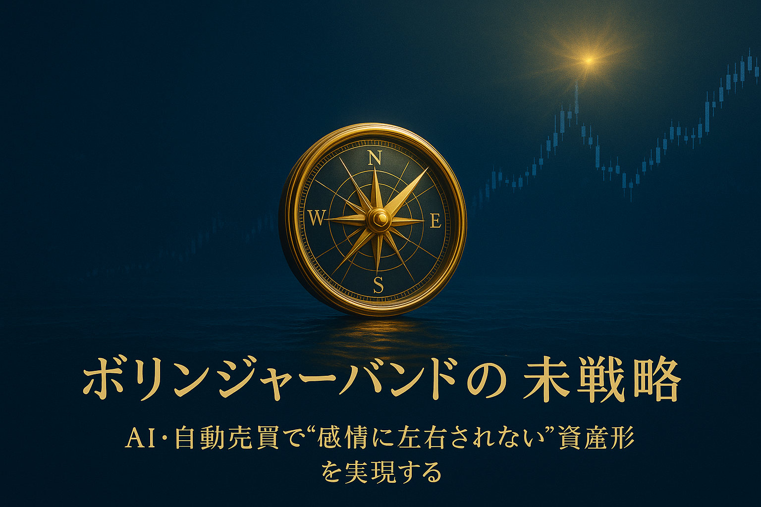 深いネイビーブルーの未来的な空間に、黄金の球体が浮かび、その内部を螺旋状のボリンジャーバンドチャートが走る。光が放射状に広がり、AIと自動売買の融合を象徴する高級感あるビジュアル
