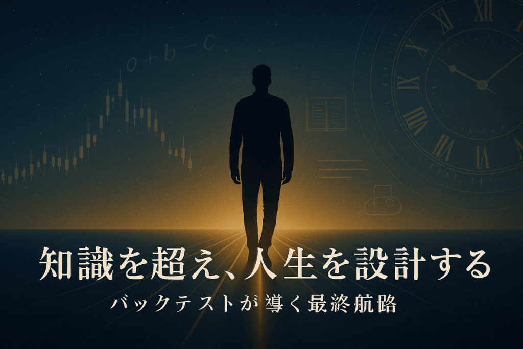 夜明けの地平線に伸びる黄金の道を前に、トレーダーのシルエットが立つ。 チャートや数式、時計のギアが淡く重なり、「知識と人生の統合」を象徴する横長イラスト。