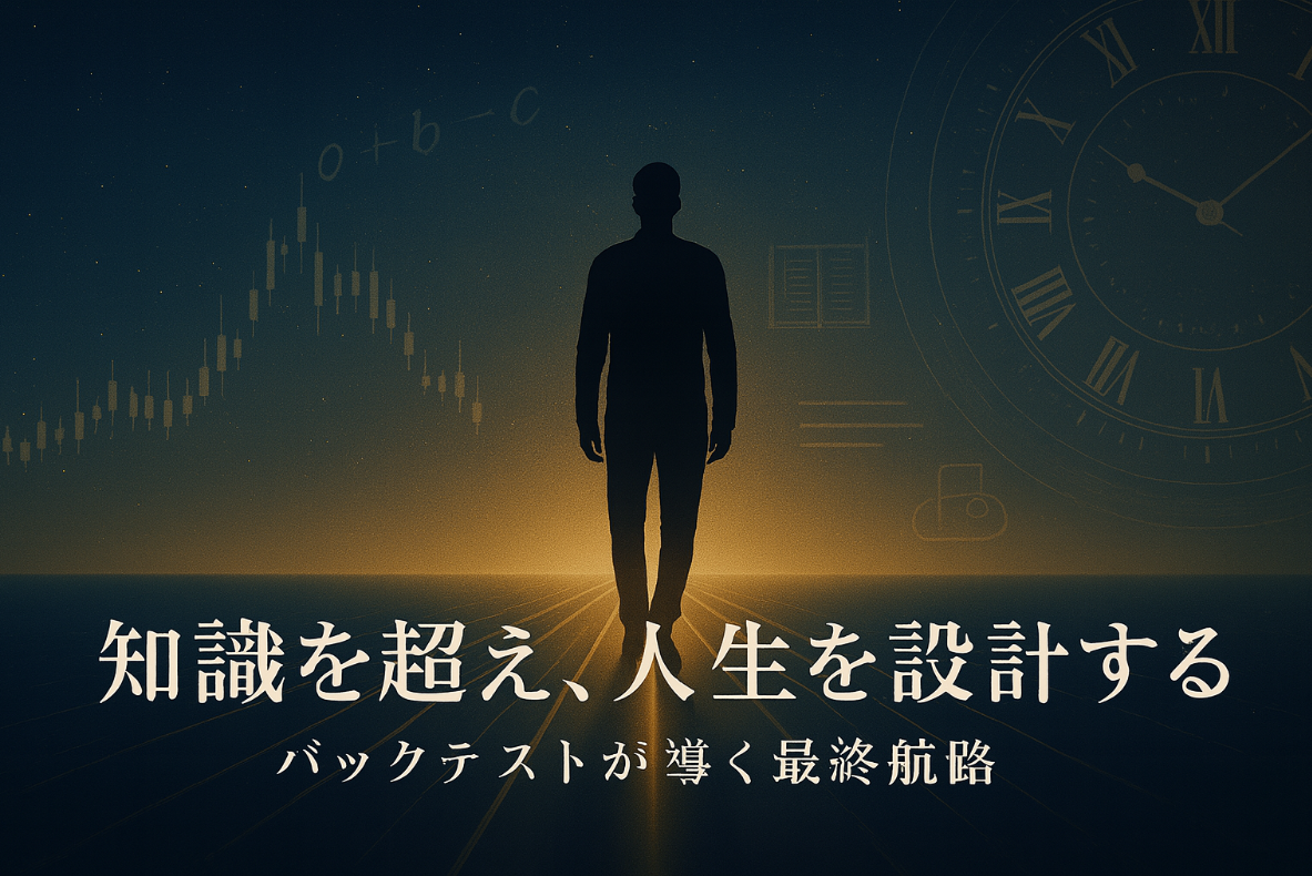 夜明けの地平線に伸びる黄金の道を前に、トレーダーのシルエットが立つ。 チャートや数式、時計のギアが淡く重なり、「知識と人生の統合」を象徴する横長イラスト。