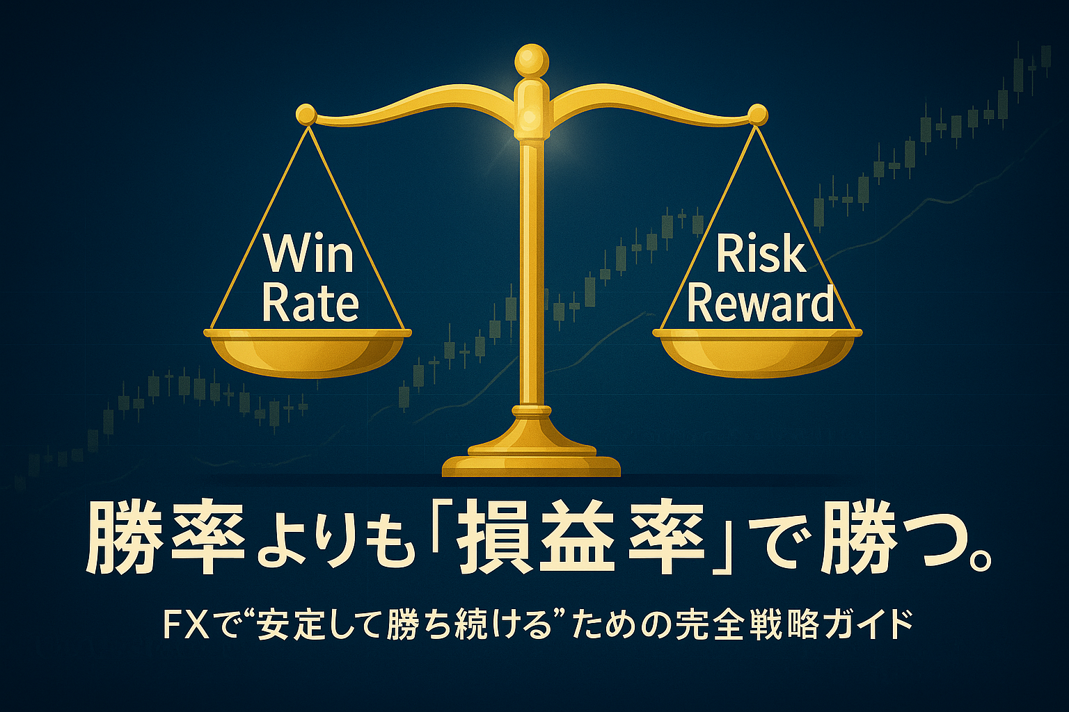 黄金の天秤に「Win Rate（勝率）」と「Risk Reward（損益率）」が並び、背景に上昇チャートが描かれたFXトレードのビジュアル。勝率より損益率の重要性を象徴する構図。
