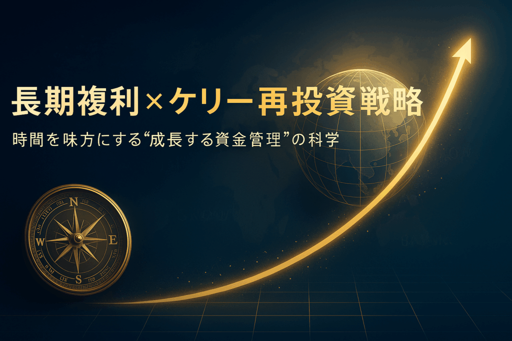 深いネイビーブルーの背景に、中央で黄金の複利カーブが右上へと滑らかに上昇。 背景には金色に輝く地球のデジタルグローブが浮かび、左下の羅針盤が未来方向を指している。 全体に光粒が時間軸に沿って流れ、“TIME”“GROWTH”“BALANCE”の文字が淡く輝く構図。 ケリー基準と複利の融合による「時間を味方にした資金成長」を象徴する高級感ある金融ビジュアル。