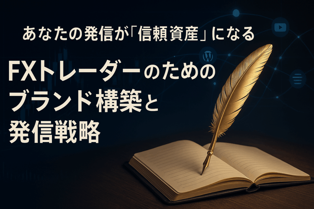 暗いデジタルデスクの上に開かれたノートと黄金の羽ペン。背景にはFXチャートと光るSNSネットワークが広がり、信頼と発信力を象徴する高級感あるビジュアル。