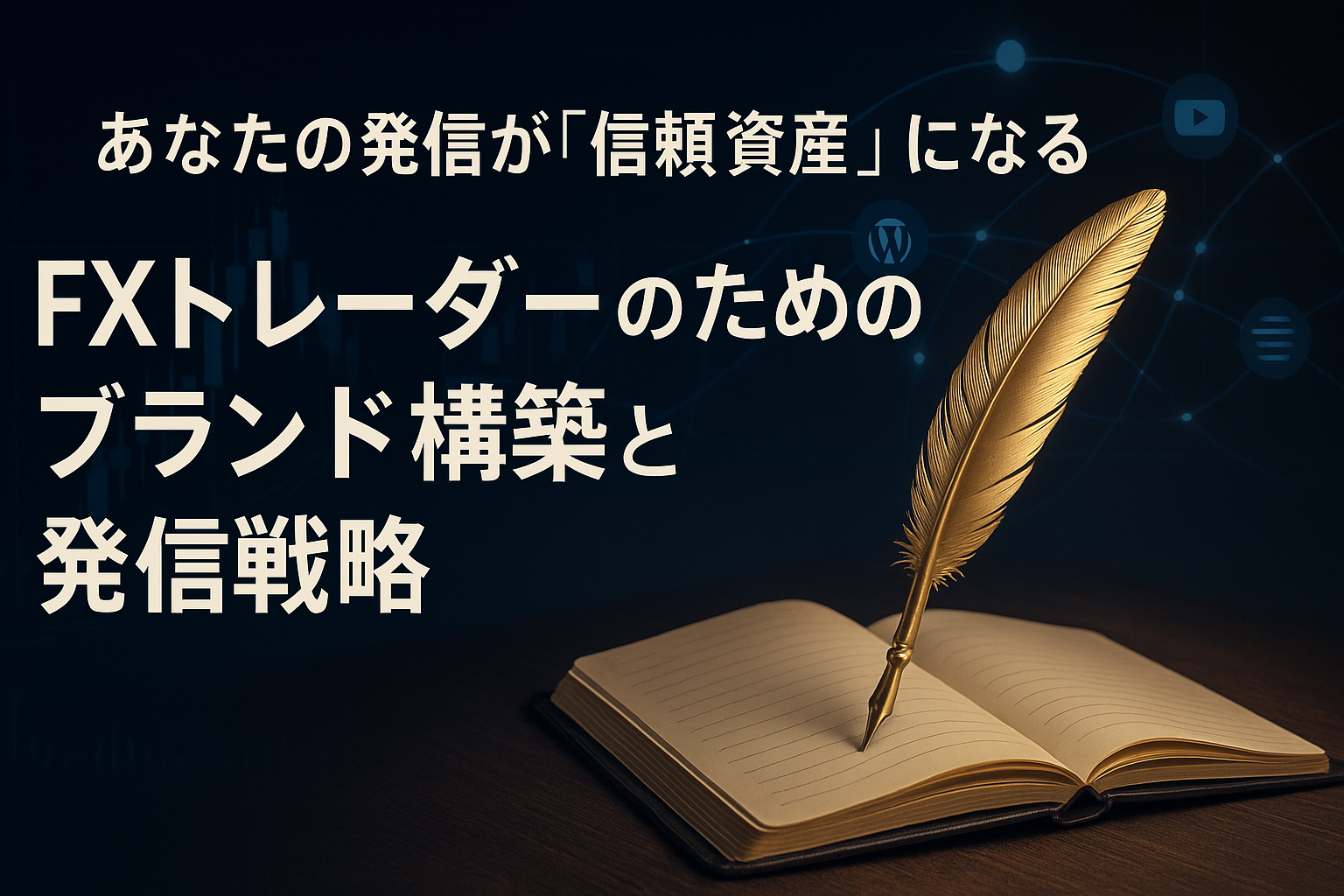 暗いデジタルデスクの上に開かれたノートと黄金の羽ペン。背景にはFXチャートと光るSNSネットワークが広がり、信頼と発信力を象徴する高級感あるビジュアル。