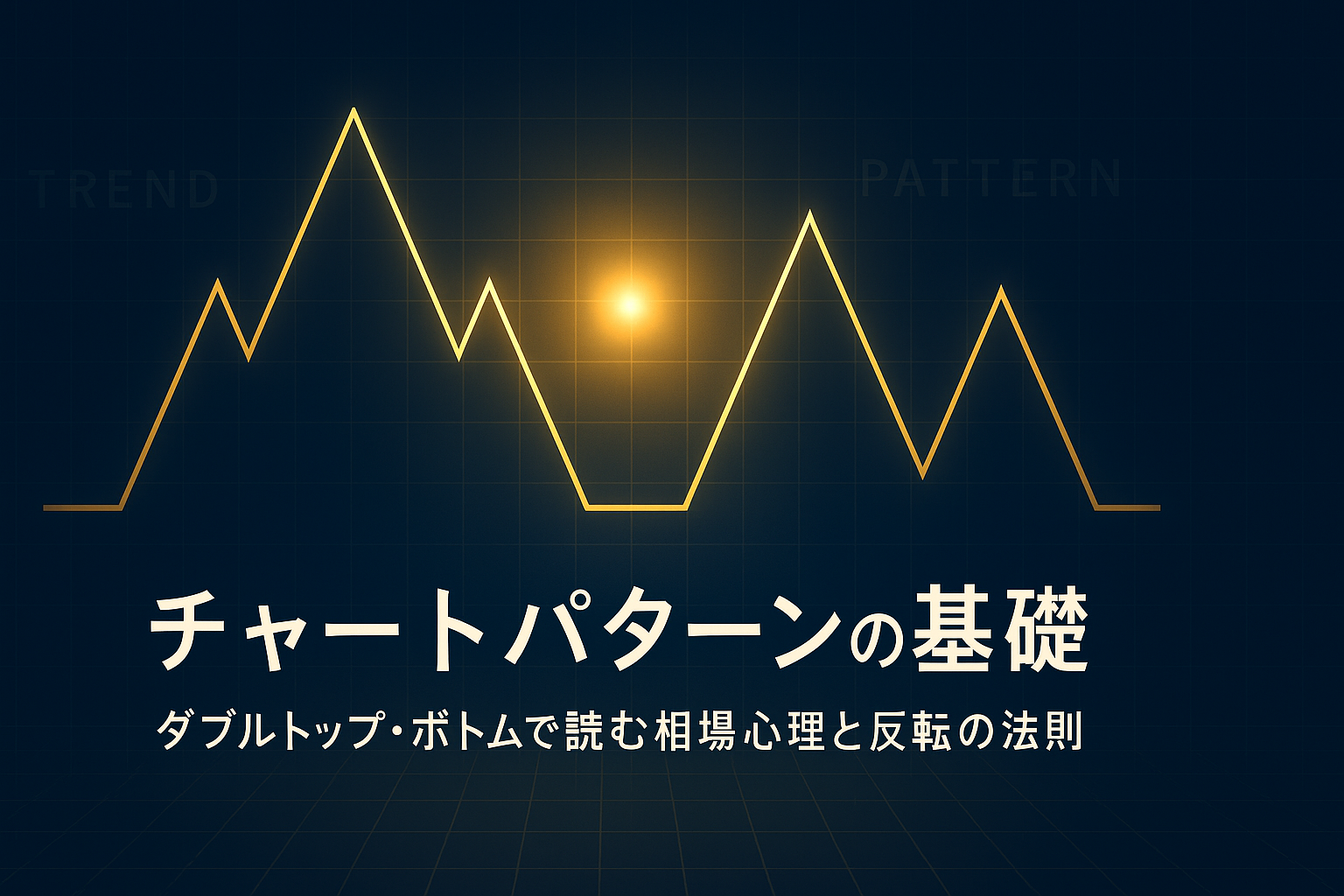 「ネイビーとゴールドで描かれたダブルトップとダブルボトムのチャートライン。中央に光が差し込み、相場の転換点を象徴している金融デザイン画像」