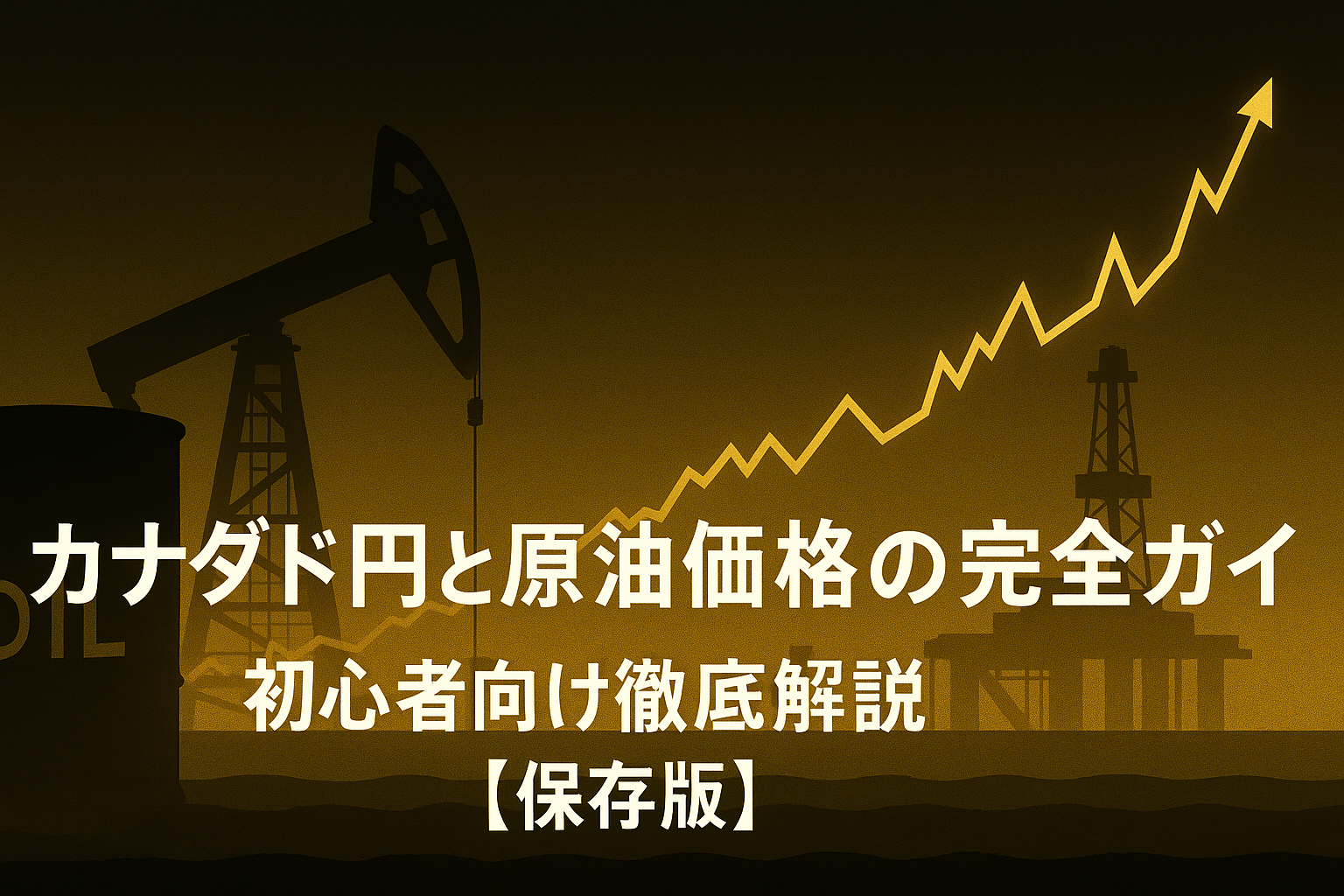 黒背景に原油ドラム缶とオイルリグのシルエットを配置し、中央にゴールドの為替チャートラインが上昇するアイキャッチ画像。「カナダドル円と原油価格の完全ガイド」「初心者向け徹底解説【保存版】」のテキスト付き。