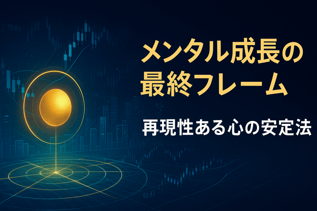 未来的な都市夜景を背景に、中央に黄金の球体が輝き、光のラインが四方に広がる。トレードメンタルの安定と成長を象徴するデジタルデザイン。