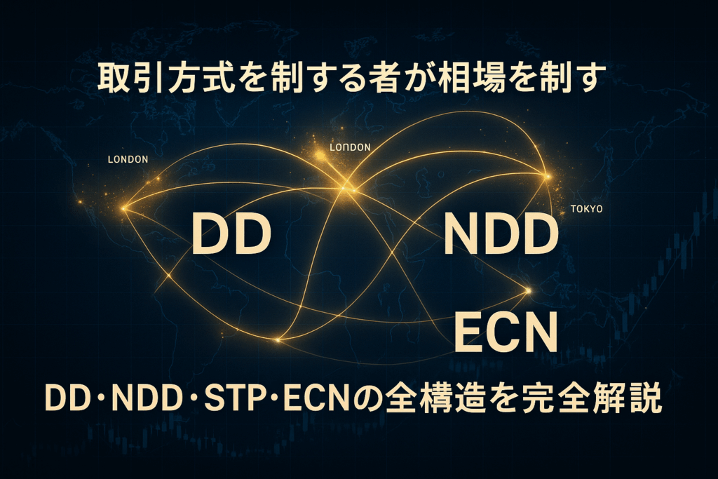 ネイビーとゴールドの世界地図に光のネットワークラインが走り、 東京・ロンドン・ニューヨークを結ぶFX取引構造を象徴したデジタルアート。 中央にDD・NDD・STP・ECNの文字が交差し、透明性と信頼性を表現。