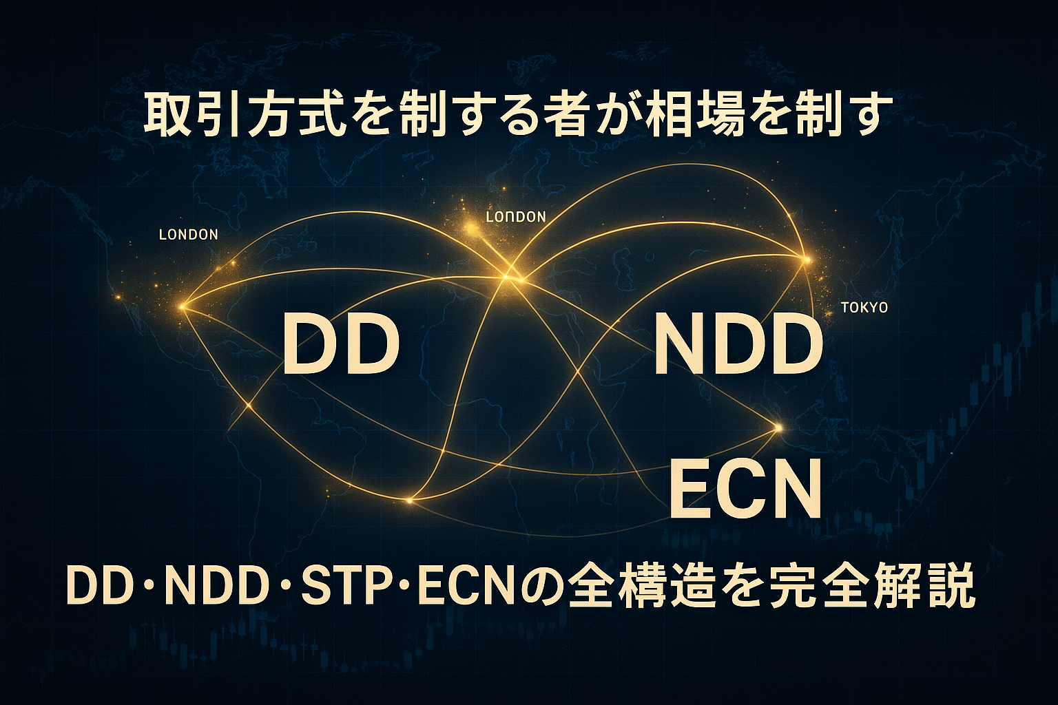 ネイビーとゴールドの世界地図に光のネットワークラインが走り、 東京・ロンドン・ニューヨークを結ぶFX取引構造を象徴したデジタルアート。 中央にDD・NDD・STP・ECNの文字が交差し、透明性と信頼性を表現。