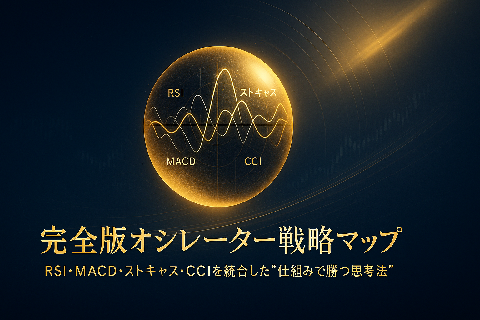深いネイビーブルーの背景に浮かぶ黄金の球体（データスフィア）。 内部でRSI・MACD・ストキャス・CCIの光の波形が交差し、知性と統合を象徴する横長構図。