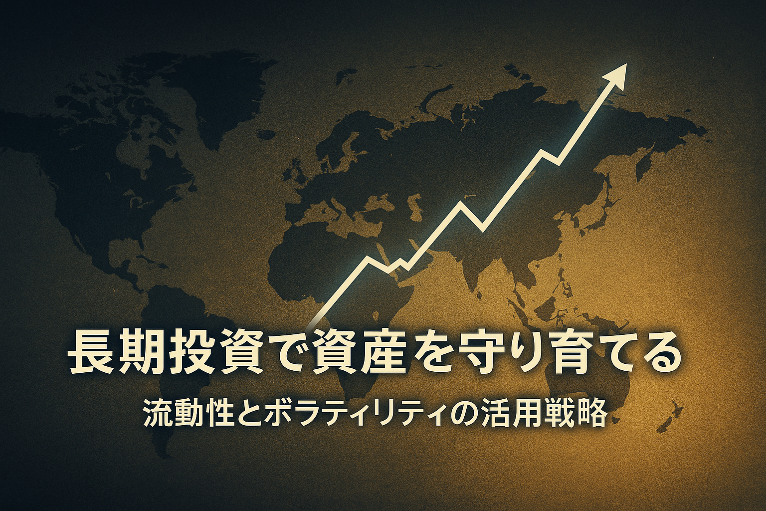 落ち着いた世界地図を背景に、右上に向かって上昇する為替チャートライン。ネイビーとゴールドの配色で、長期投資の安定感と資産成長を象徴するデザイン。