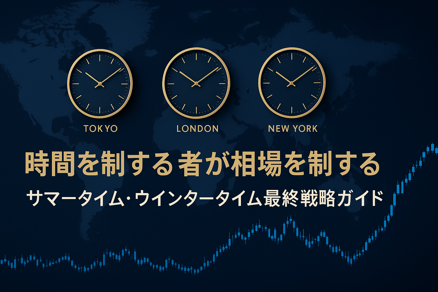 暗い世界地図を背景に、東京・ロンドン・ニューヨークの時計が並び、下部に為替チャートラインが走るFX戦略用アイキャッチ画像。
