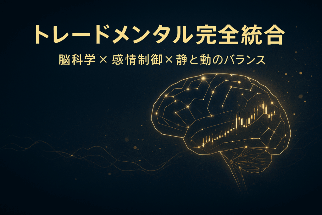 暗い背景に金色の光で描かれた人間の脳構造とチャートラインが融合した未来的デザイン。思考と感情の統合を象徴するFXメンタル管理イメージ