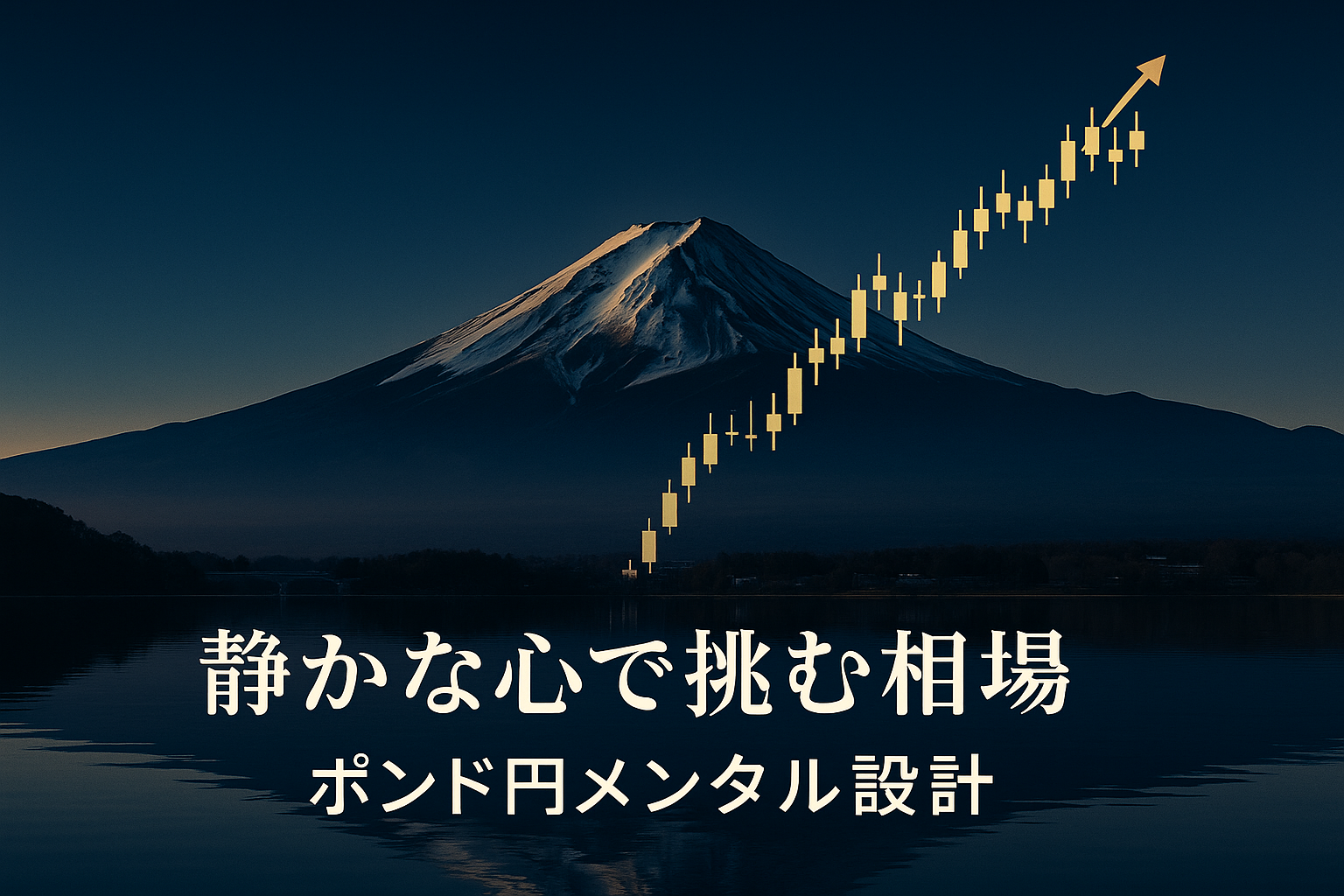 夜明けの富士山と静かな湖面を背景に、空にゴールドの上昇チャートラインが描かれたイメージ。中央下部に「静かな心で挑む相場」「ポンド円メンタル設計」と配置。