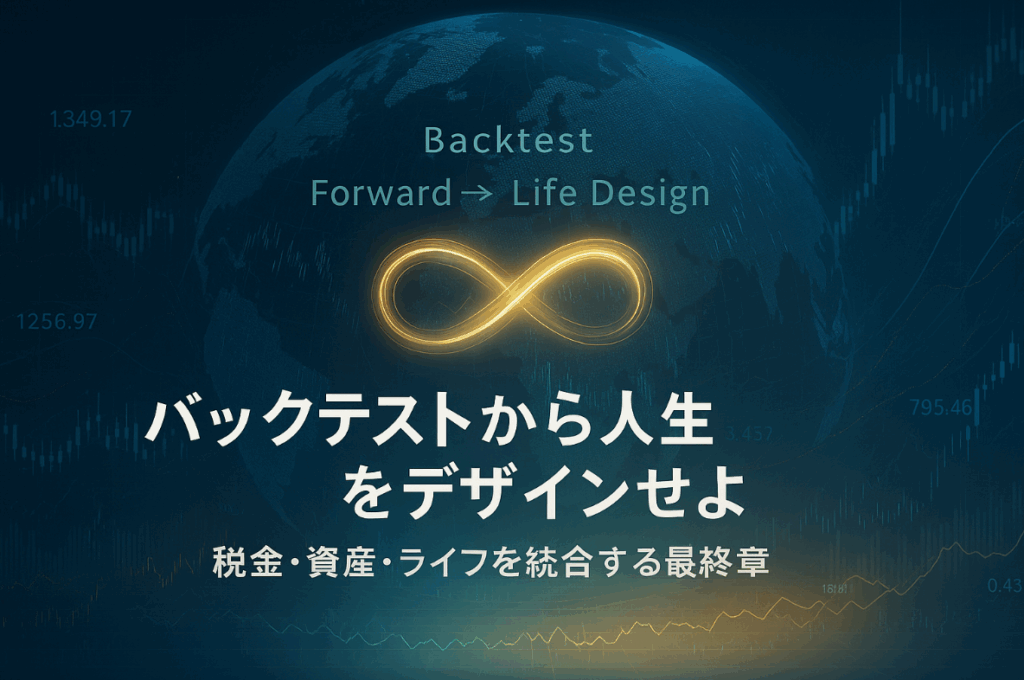 デジタル地球の上を流れるデータラインとチャート波形。 中央には輝く∞（無限）シンボルが浮かび、「知識・時間・人生の統合」を象徴する近未来的ビジュアル。